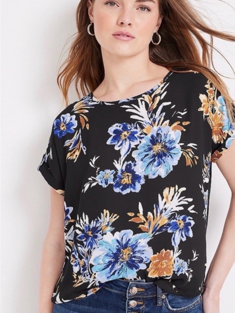 2X Plus Size Maurices Black Floral Short-Sleeve Top with Blue & Tan Flowers
